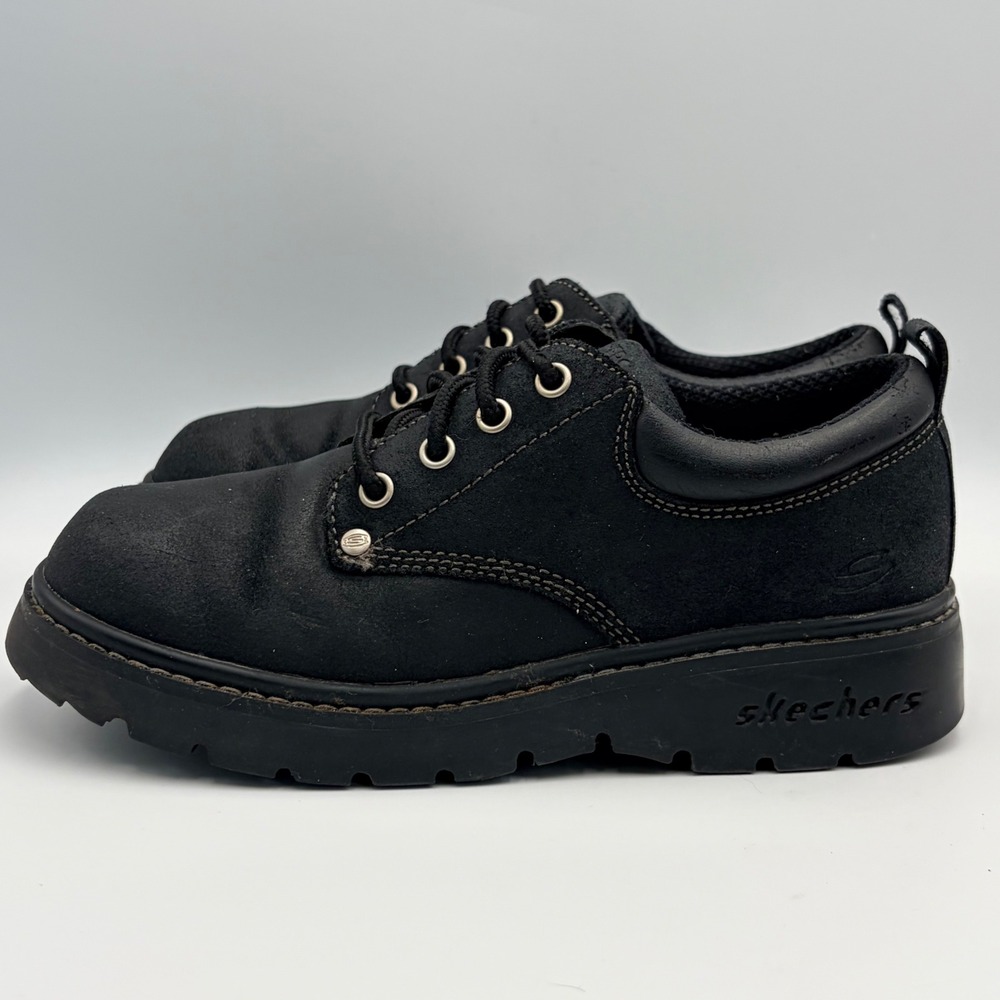 Vintage Skechers Y2K Black Leather Oxford Shoes Womens 7.5 Lug Sole Chunky 2174 - Picture 3 of 14